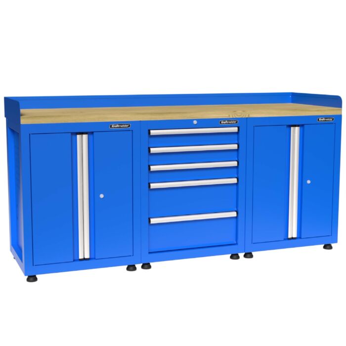 Kraftmeister Premium Werkbank 5 Schubladen 4 Türen Rubberwood blau