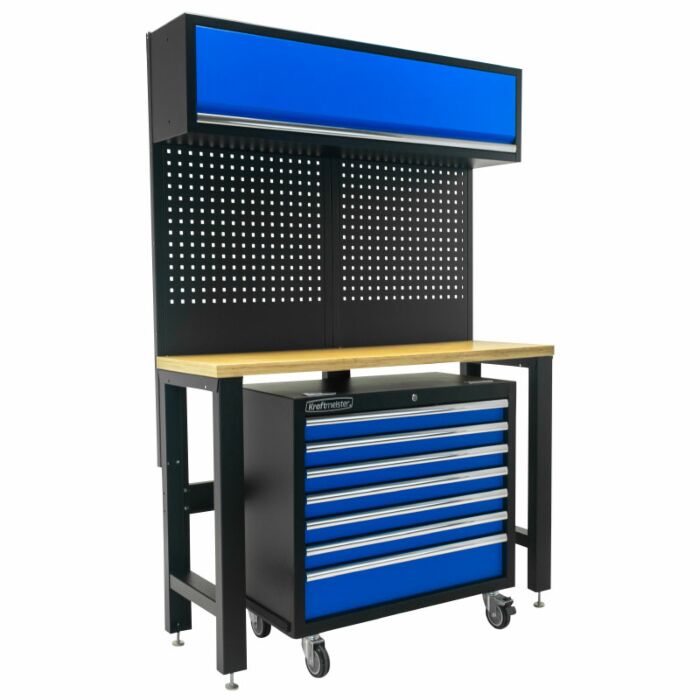 Kraftmeister Standard Werkbank mit Wandschrank und Werkzeugwagen Multiplex 136 cm blau