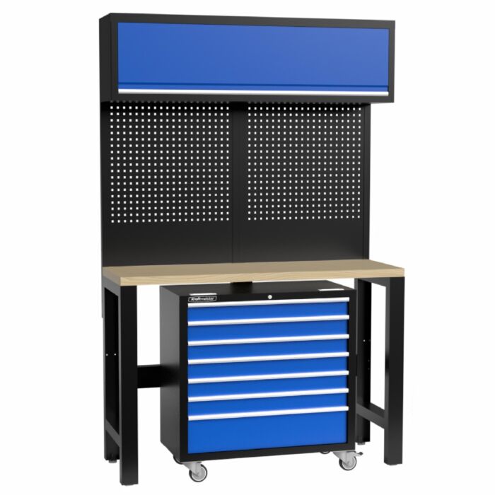 Kraftmeister Standard Werkbank mit Wandschrank und Werkzeugwagen Multiplex 136 cm blau